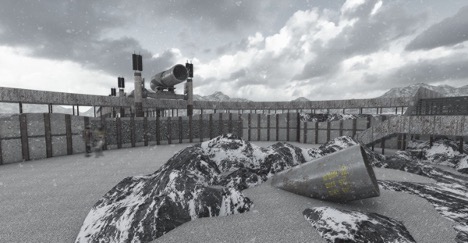 A digital rendering of an architect landscape showing the ruins of a pipeline structure.