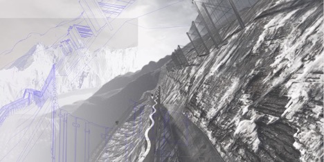 A digital rendering of a mountainous arctic landscape with a an undulating fence in the middle. Diagram-like drawings are superimposed on the landscape image.