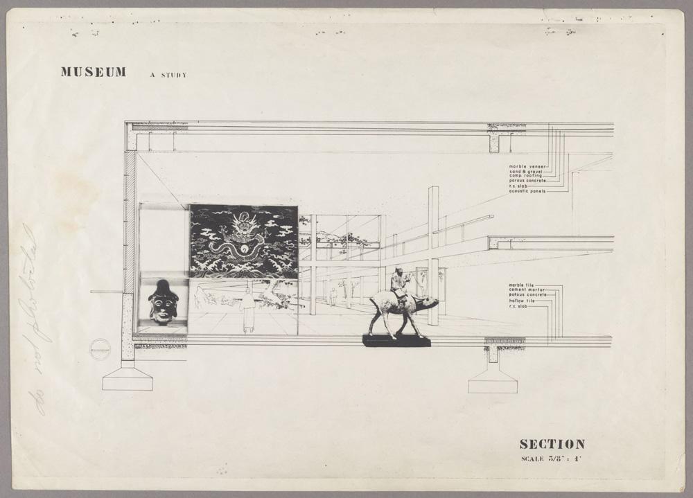 An architectural drawing of an interior space with works of classical Chinese art inside.