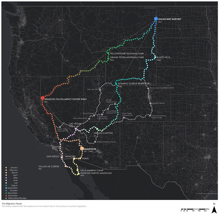 A map of the western United states with dotted. lines in different colors connecting various locations.