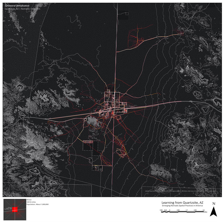 A topographic map of a small town in a valley surrounded by hills of mountains.