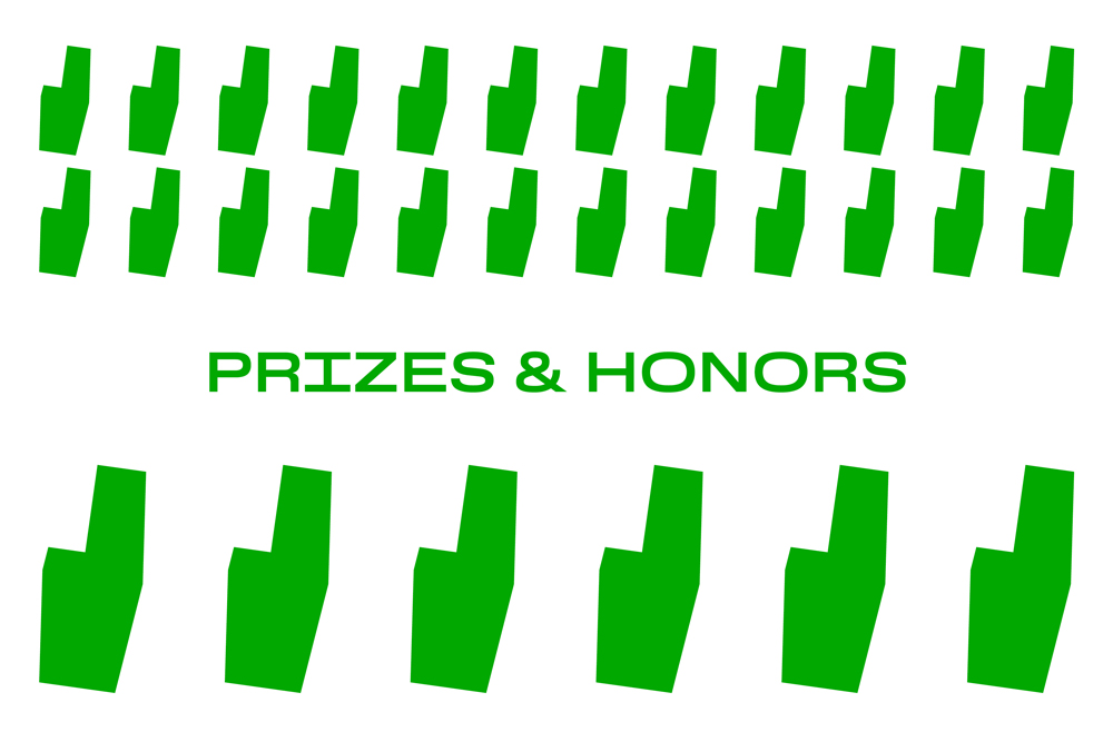 A white graphic with repeating green patterns and text that reads Prizes and Honors.