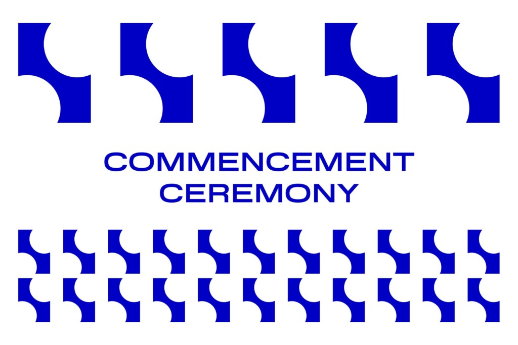 Commencement Ceremony in blue lettering against a white and blue patterned backdrop.