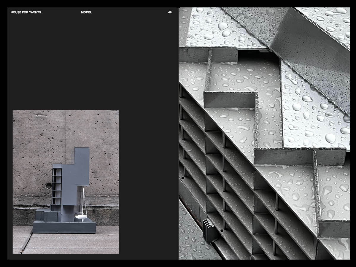 Two images, the first showing a dark grey architectural model of a building with a small sailboat in front of it and the second showing a detail view with geometric patterns on the building and raindrops on it.