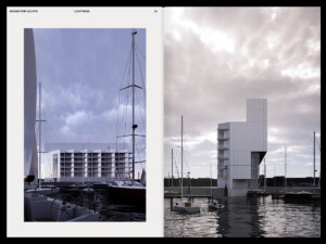 Two images showing views of a grey building six or seven stories tall on a waterfront with sailboats in the foreground.