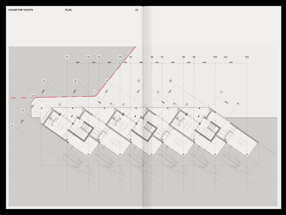 A plan for a showing staggered rectangular spaces with small boats outlined in front of each.