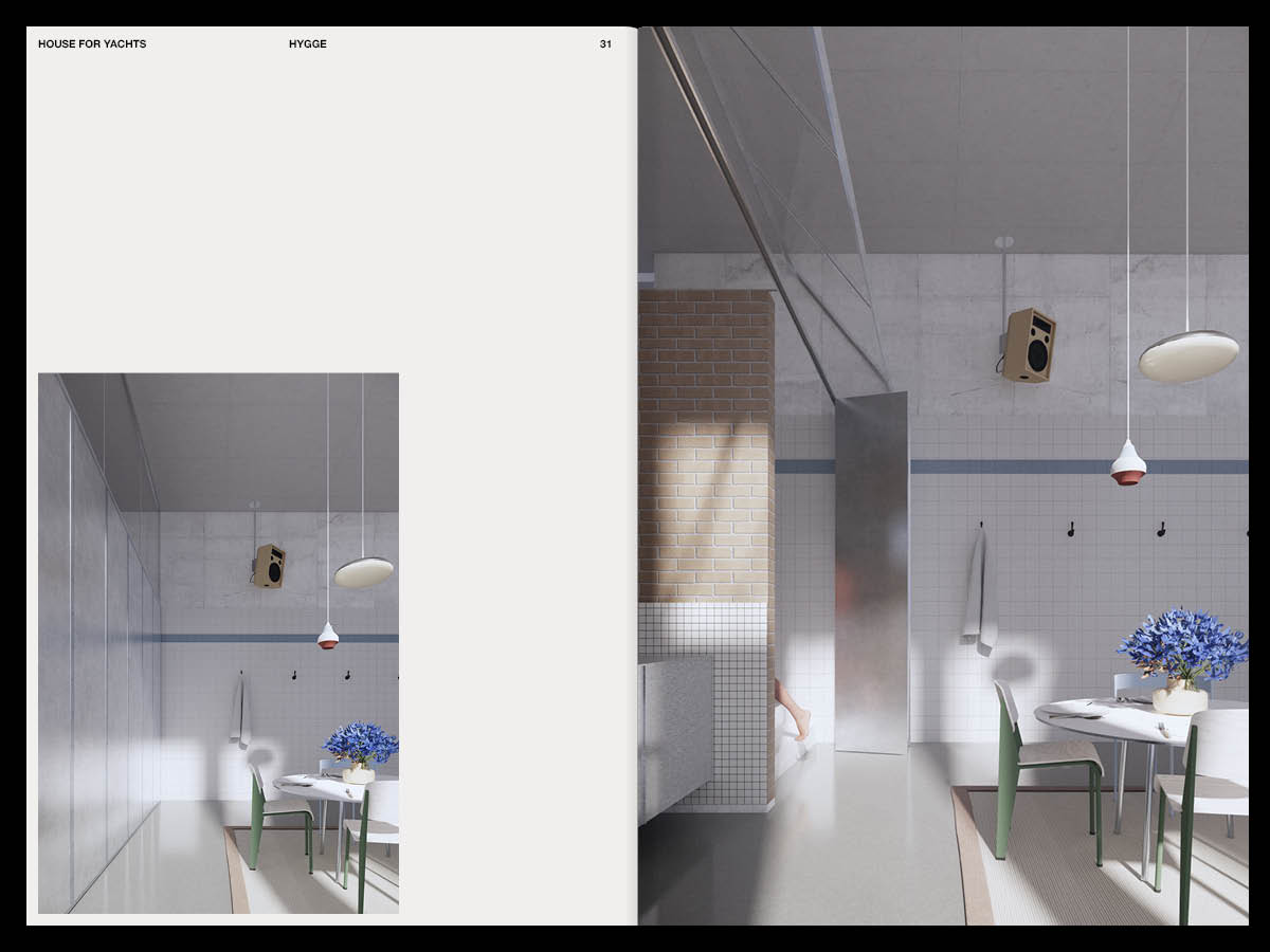 Two images, both showing interior spaces with tile walls, simple furniture, and hanging lamps.