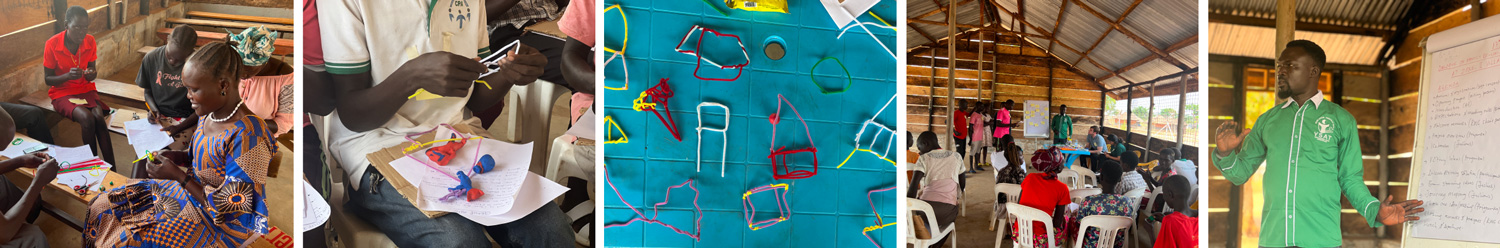 A set of images containing physical prototypes made by refugees including a model figurines and pipe cleaner houses, as well as photos of their fabrication and presentation.