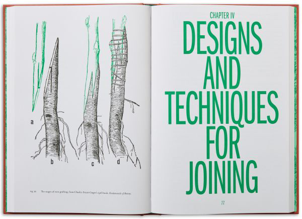 A spread from a book opened to green text on a white page that says Designs and Techniques for Joining.