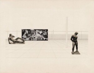 A drawing and collage showing an open space defined by a grid with works of modern and contemporary art floating within it.
