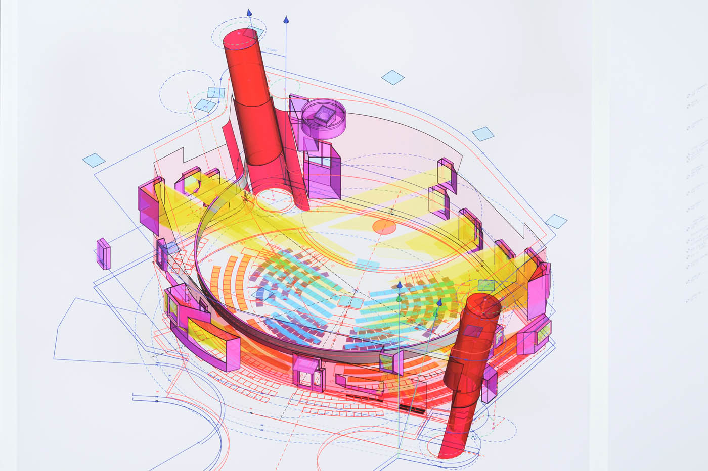 Axonometric drawing of a building and it's systems in layers