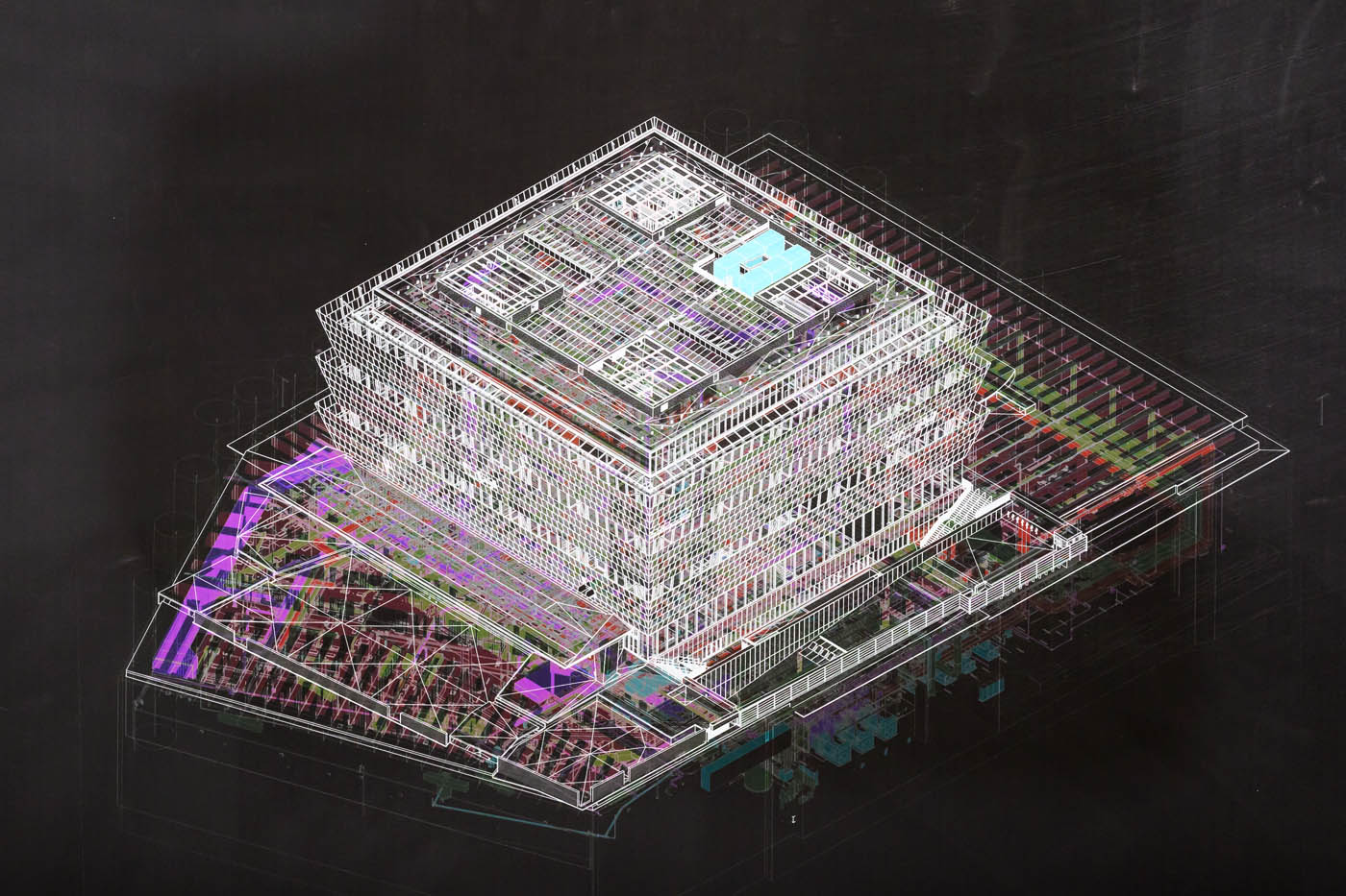 Axonometric drawing of a building and it's systems in layers