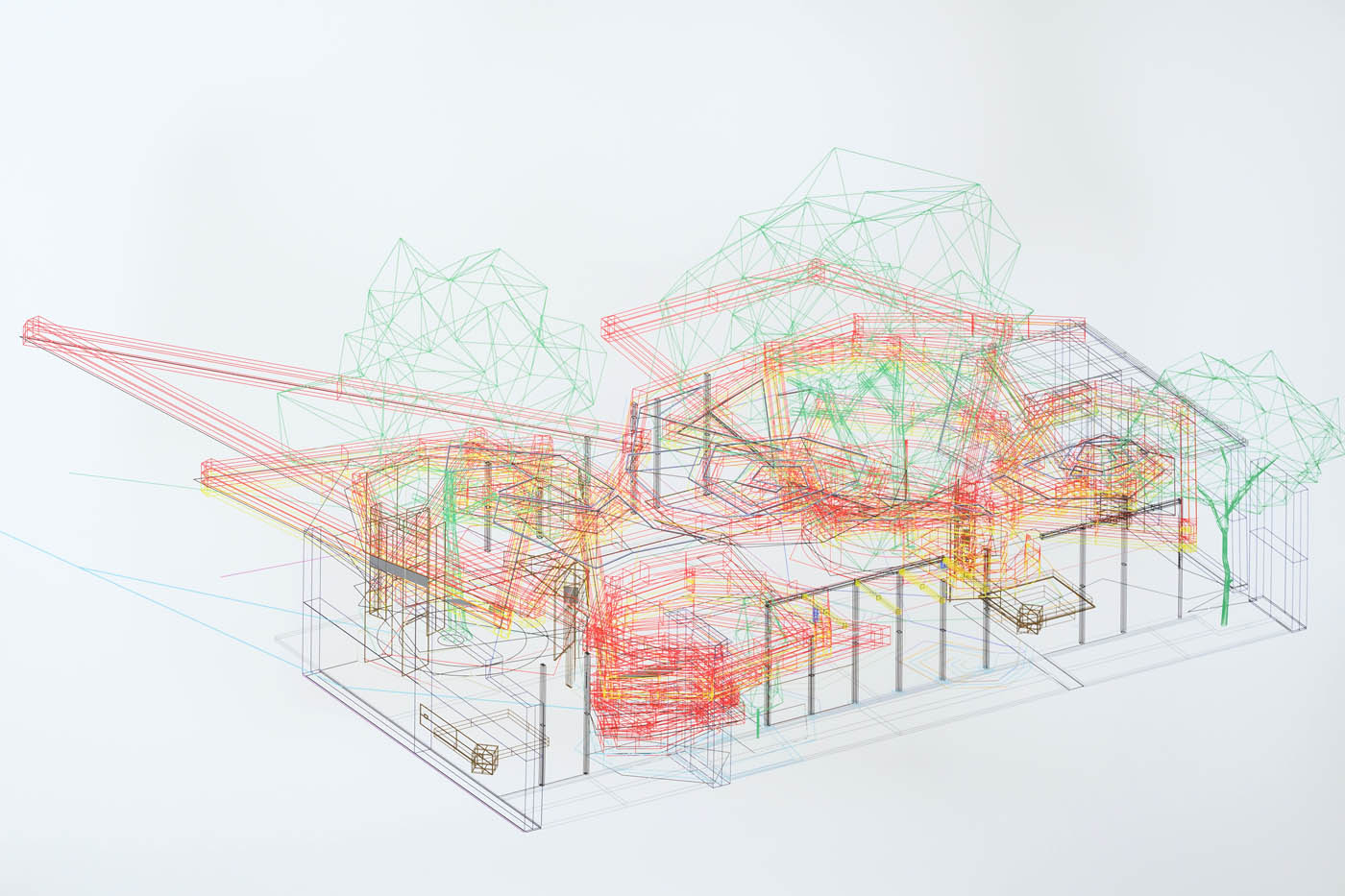 Axonometric drawing of a building and it's systems in layers