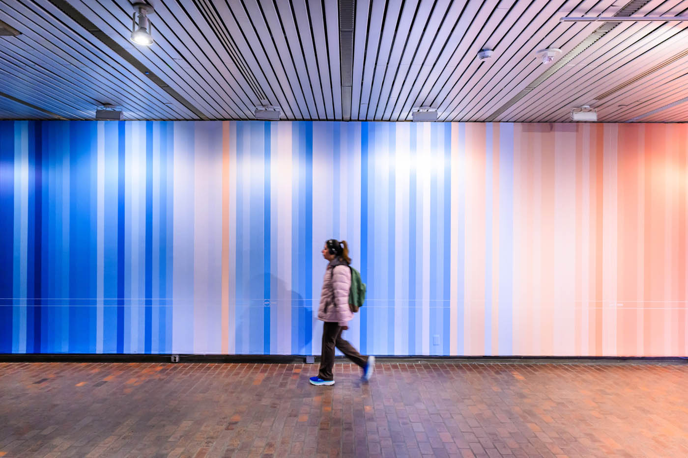 A personn walking in front of a full wall,tempature map of heat through history
