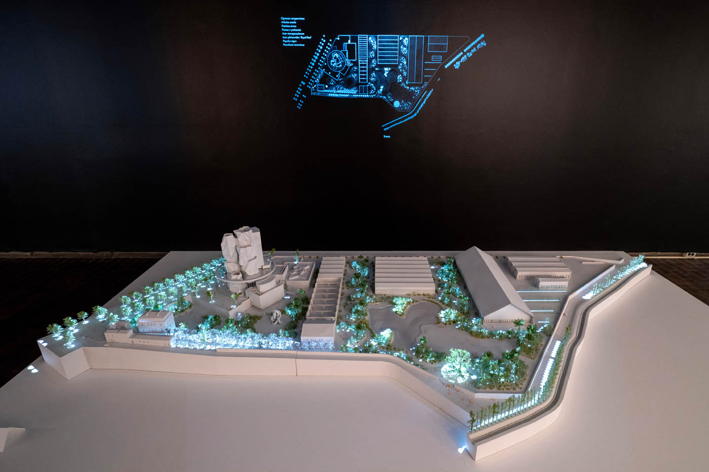 A model witha. projected diagram lighting it up.