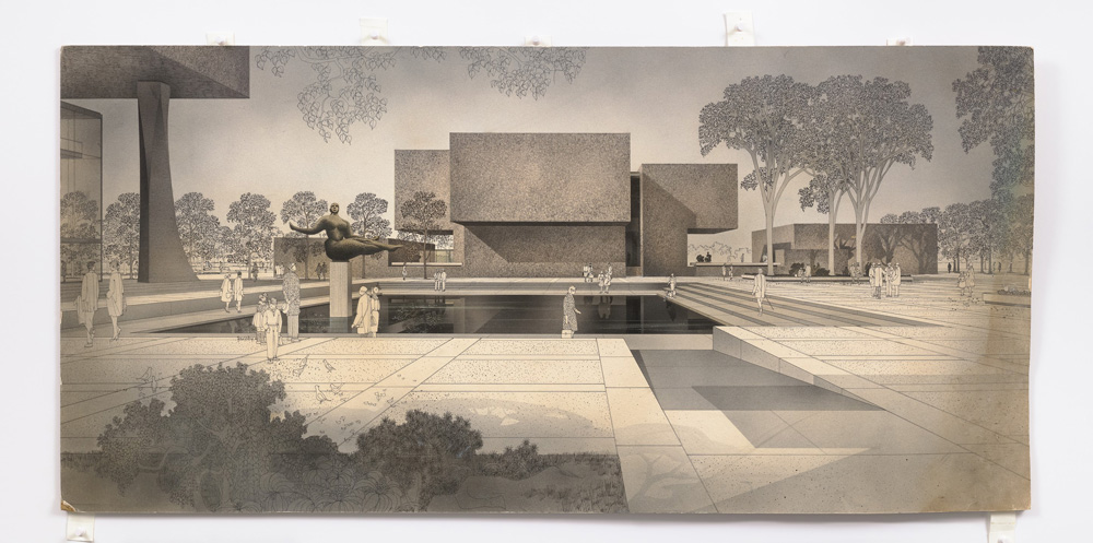 An architectural rendering of the Everson Museum of Art showing a modernist building in the background and a courtyard and reflecting pond in the foreground.