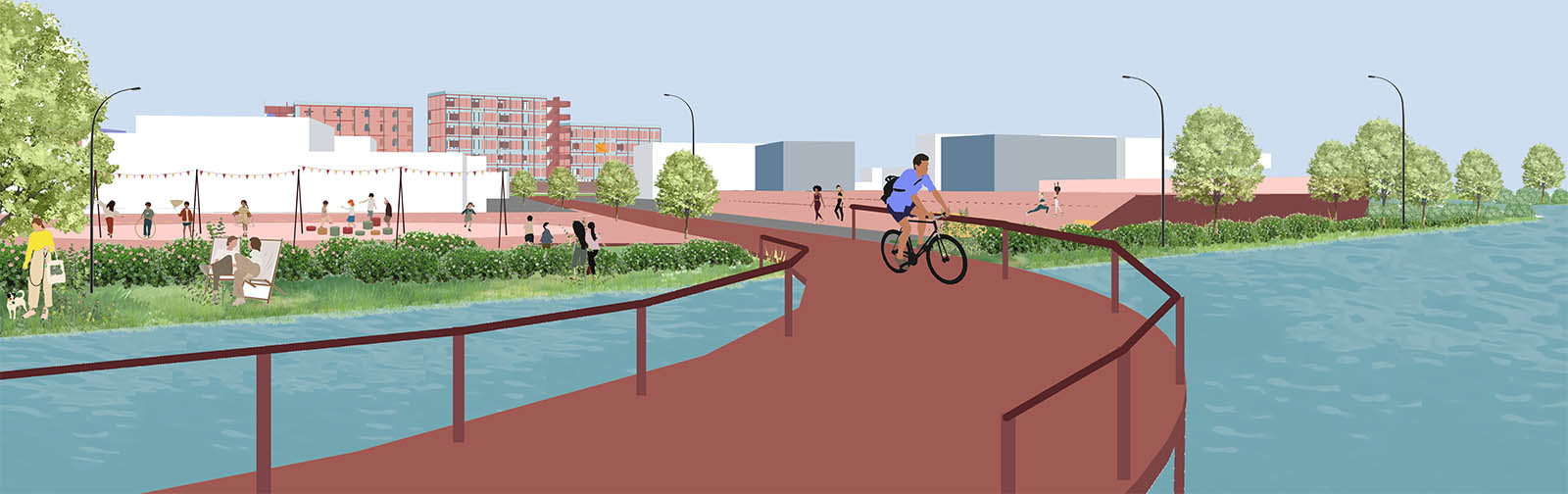 A rendering of a bike path with water on each side of it.