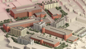A rendering of a site plan for Conant Thread site in Central Falls, RI showing eight buildings made out of a brick