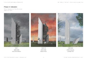 Three photos showing a tower in various stages: Year 1 (data center), Year 100 (adaptive reuse), and an unspecified time in the future