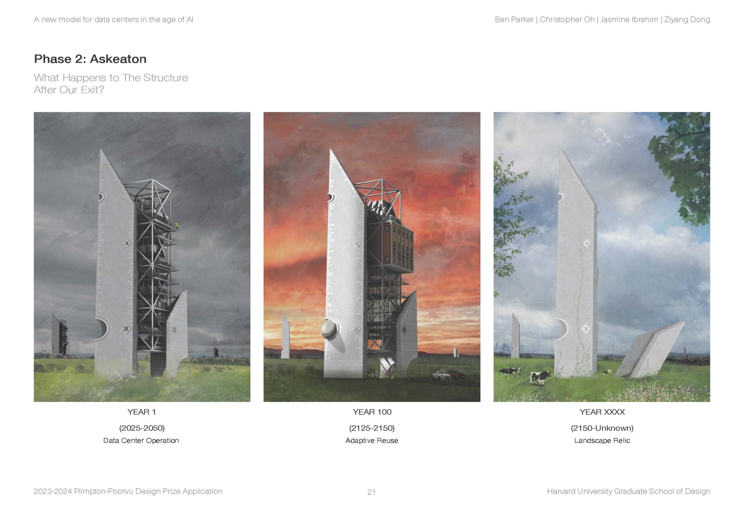 Three photos showing a tower in various stages: Year 1 (data center), Year 100 (adaptive reuse), and an unspecified time in the future