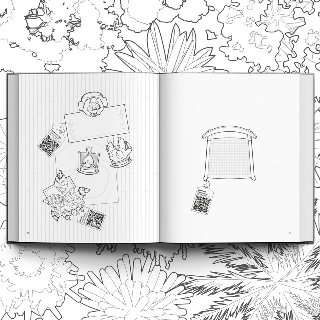 An open book showcasing illustrations in black ink