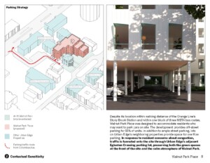A map, a photo, and text: "Despite its location within walking distance of the Orange Line’s Stony Brook Station and within one block of three MBTA bus routes, Walnut Park Place was designed to accommodate residents who may want to park cars on site. The development provides off-street parking for 55% of units. In addition to ample street parking, lots on Urban Edge’s neighboring properties provide space for overflow parking. In response to resident concerns about congestion, traffic is funneled onto the site through Urban Edge’s adjacent Egleston Crossing parking lot, preserving both the green spaces at the front of the site and the calm atmosphere of Walnut Park."
