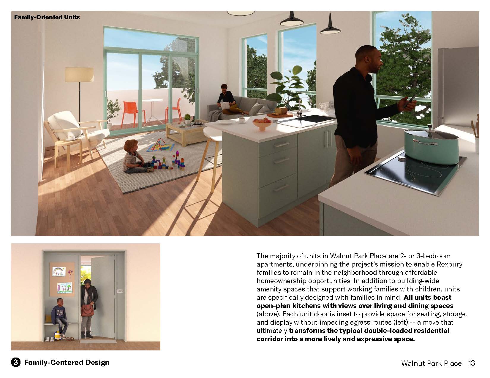 Renderings of individual units, which are family-oriented
