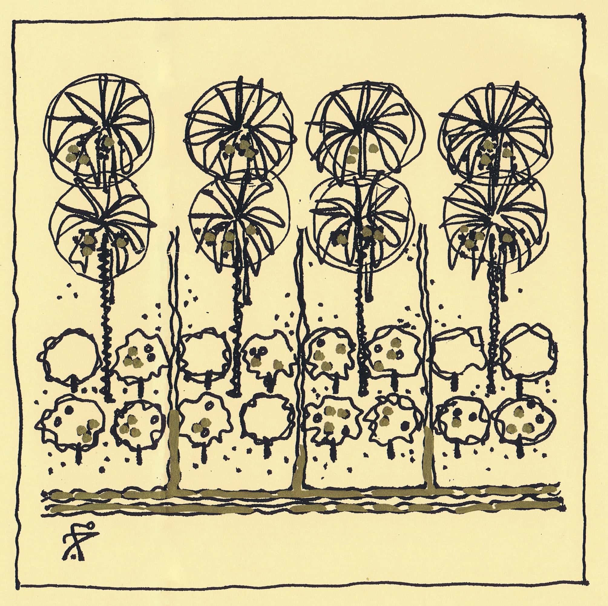 Sketch of palm trees and orange trees against a beige yellow backdrop