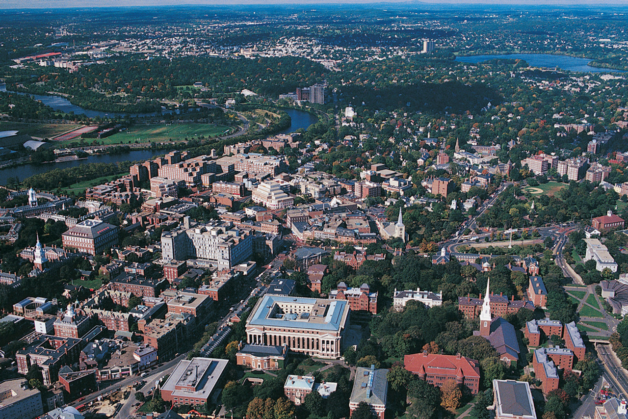 Aerial View of Harvard Camus along Charles River, Cambridge, MA