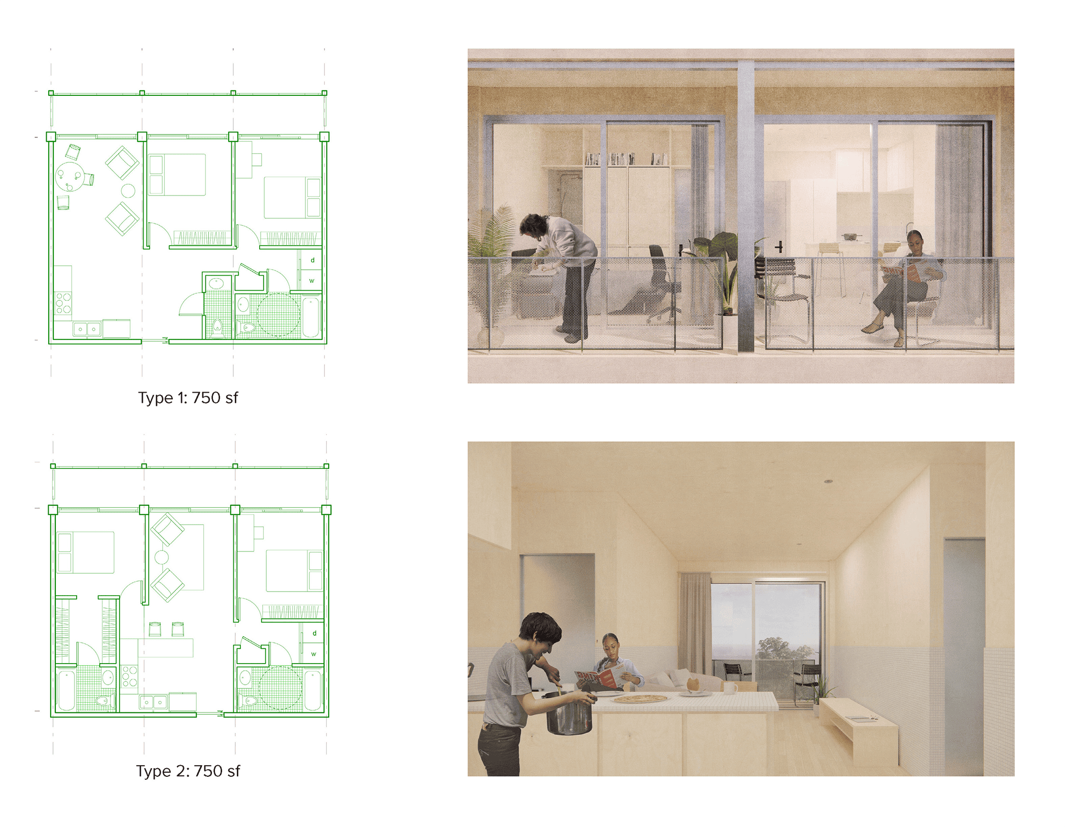 Architectural blueprints and renderings of two apartment designs. Top image shows floor plan and exterior view of a person standing on a balcony. Bottom image includes a floor plan and interior view with two people, one cooking and the other sitting at a dining table.