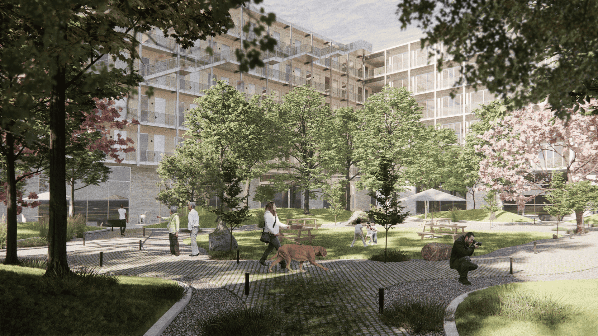 Architectural rendering of a bustling park in front of a modern, multi-story building with people and dogs enjoying the green space amidst lush trees and flowering plants.