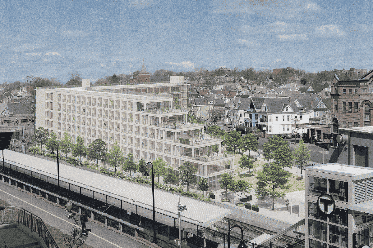 Architectural rendering of a modern multi-story building complex next to a train station, featuring landscaped areas and nearby traditional buildings under a clear sky.