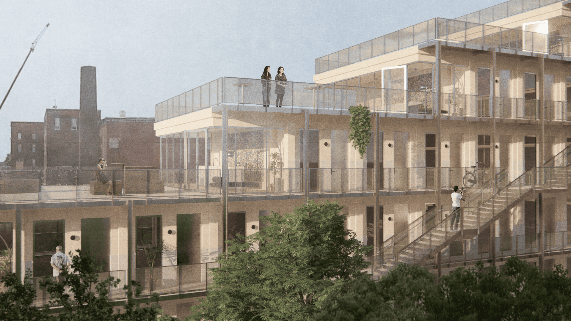 Architectural rendering of a multi-level, modern apartment complex with transparent balconies. People are visible engaging in various activities on the balconies and rooftop, amidst a backdrop of urban buildings.