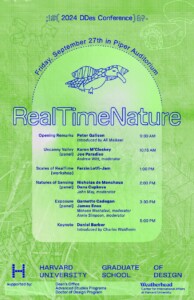 Green poster with blue writing outlining the event schedule for the RealTimeNature Conference.