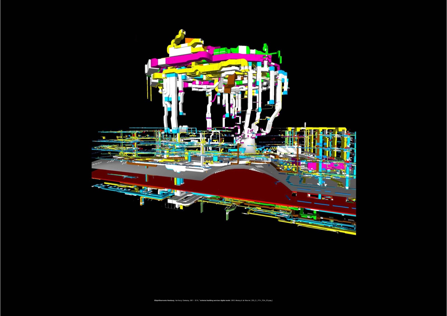 An axiometric drawing of a theater building showing air handling systems in various colors.