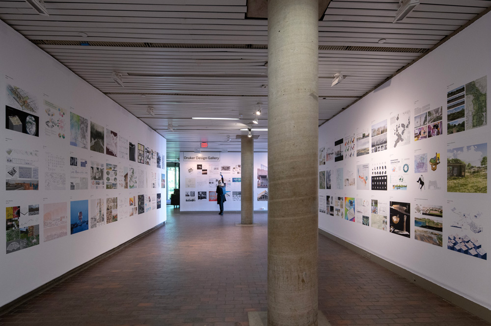 A view of Druker Design Gallery in Gund Hall where posters of student work are displayed on white walls. Concrete columns stand in the foreground.