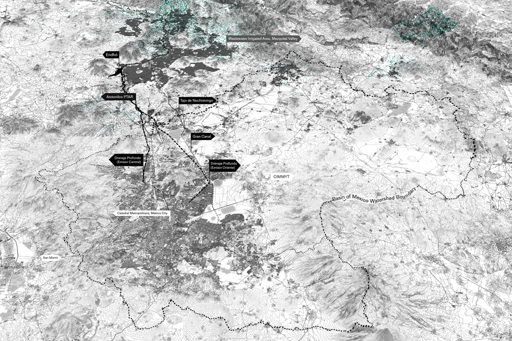 A black-and-white map of the Mezquital Velley in Mexico with irrigated areas and watershed boundaries mark.