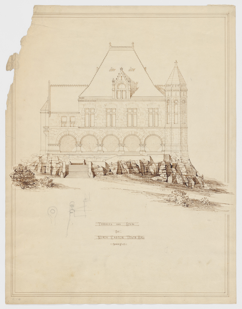 pen and ink drawing of masonry town hall