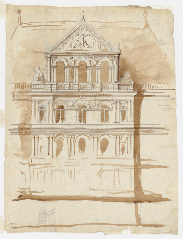 Ink wash of four-story Romanesque revival building