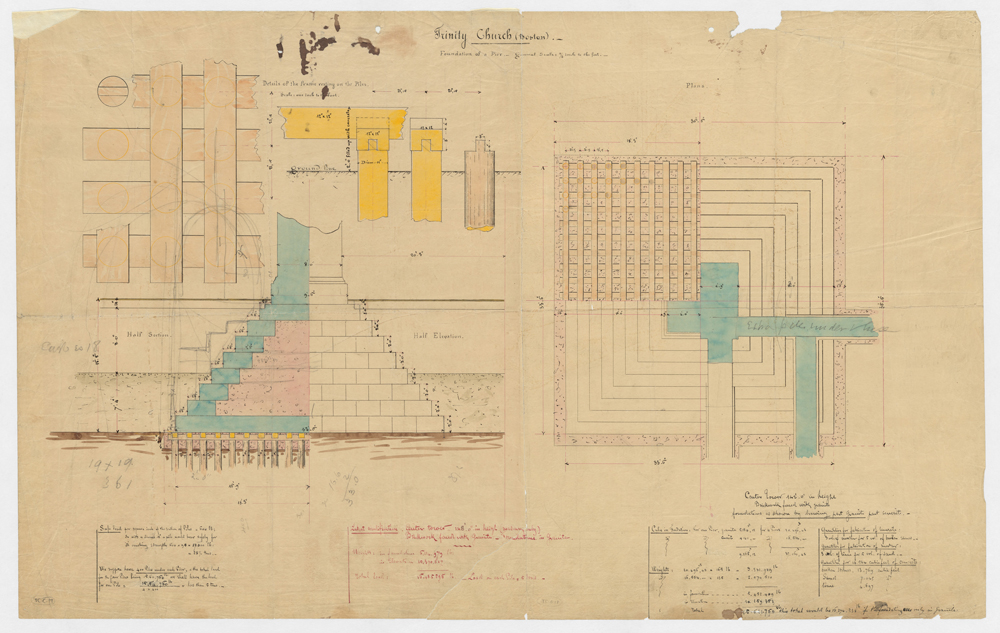 Construction drawings from 1870s with ink wash