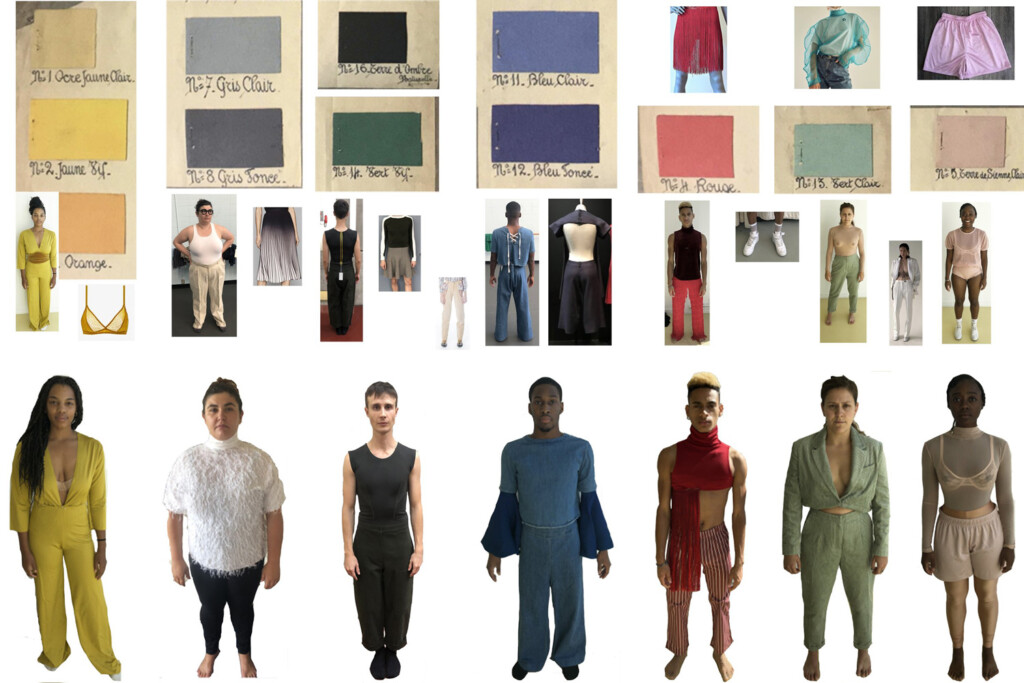 A photo collage showing test images of performers posing in different costumes for a dance piece. The collage also includes color swatches as a reference image for each costume.