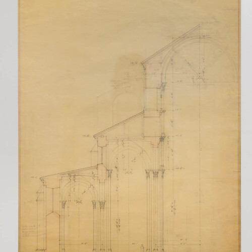 A framed drawing of a partial section of a church.