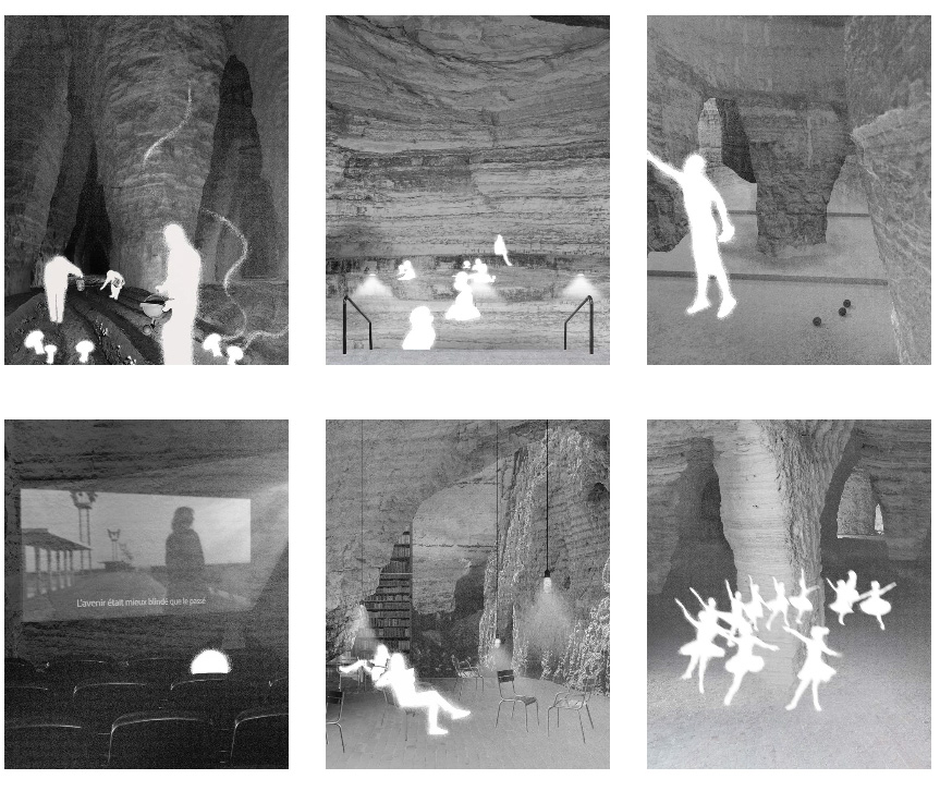 Images depicting glowing white figures in underground settings.