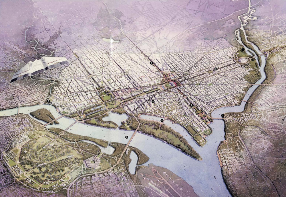 Fly over view of Washington DC area showing framework plan