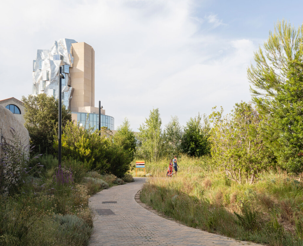 A view of a path at Luma Arles with a lush landscape of trees and grasses growing around it.