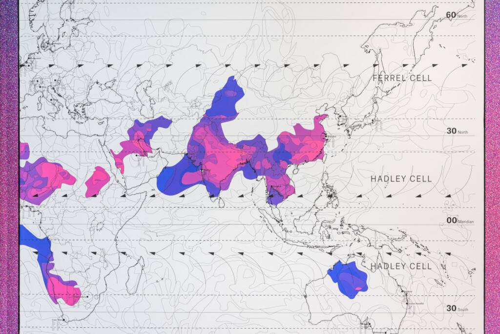 A detail of a world map showing air currents.