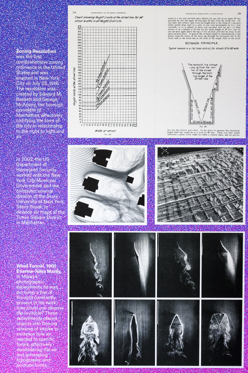 A detail of the exhibit showing a variety of images and diagrams of air currents.