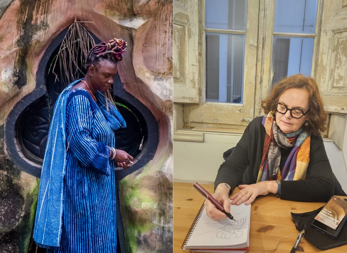 Photo of Princess Faniyi in Sacred Grove alongside image of Tarna Klitzner drawing