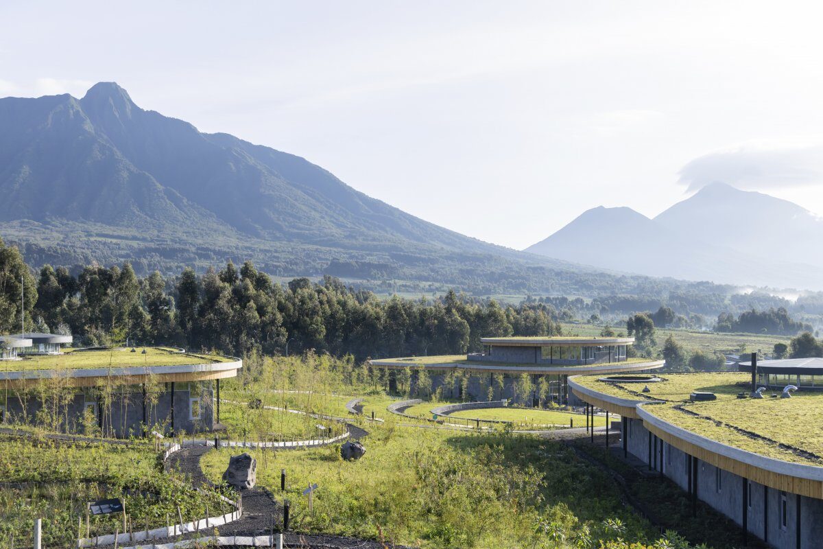 A photography of the The Ellen DeGeneres Campus of the Dian Fossey Gorilla Fund in Rwanda showing low modernist buildings in a verdant, mountainous landscape.