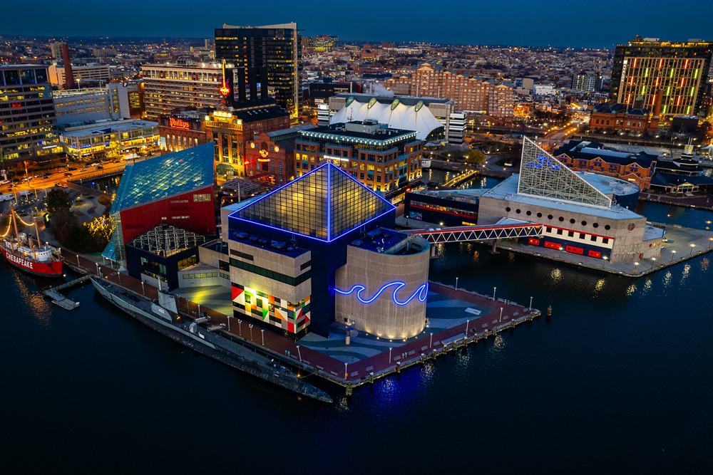 Night aerial view of National Aquarium in Baltimore